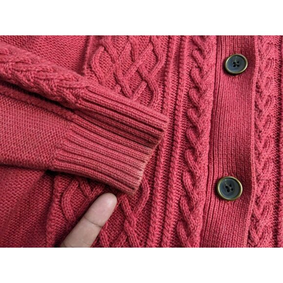 L.L. Bean Sweater Red Cable Knit Fisherman Button Up Turtleneck Womens Size L - Picture 3 of 12